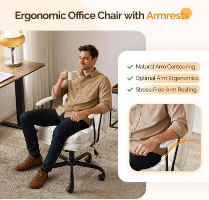 VINGLI Padded White Desk Chair with/No Wheels,Dual-Base,Removable Armrests,Adjustable Comfy Rolling Swivel Computer Task Nail Tech Chair for Home Office,Sewing,Makeup Vanity,Teen,Linen Fabric