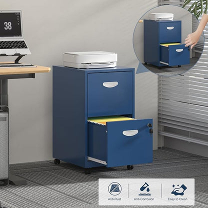 UNICOLY 2 Drawer File Cabinet with Lock, Filing Cabinets with Wheels, Rolling File Cabinets for Home Office, Metal Office File Cabinet, Mobile Filing Cabinet for Holding Letters and File Boxes, Blue
