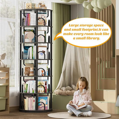 Aheaplus 6 Tier Rotating Bookshelf Tower, Revolving Bookcase, 360° Round Spinning Book Shelf, Narrow Swivel Bookshelves Vertical Turning Corner Bookshelf Organizer for Small Space, Black Oak
