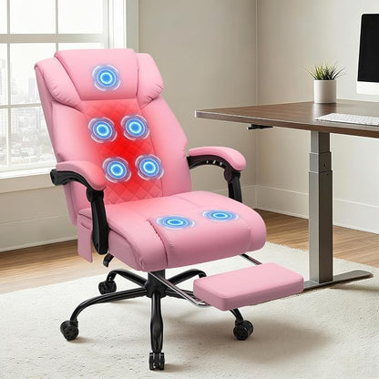 HOFFREE Heated Office Chair Massage Office Chair with Heat 400lbs Executive Reclining Home Desk Chair with Footrest,Linkage Armrests for Heavy People(Pink)