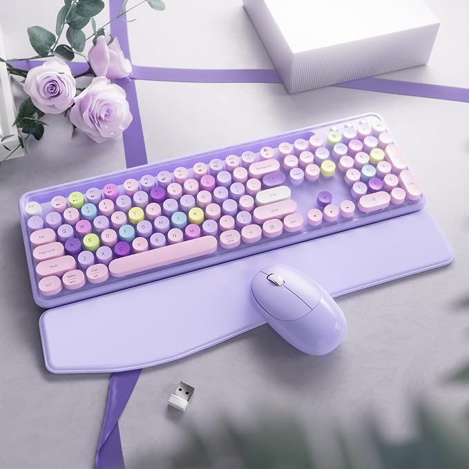 Wireless Keyboard and Mouse, Colorful 104-Key QWERTY with Round Keys, Phone Holder, Wrist Rest, Power Buttons, 2.4GHz USB for PC Laptop (Purple Colorful)