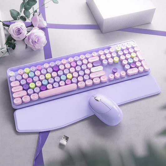 Wireless Keyboard and Mouse, Colorful 104-Key QWERTY with Round Keys, Phone Holder, Wrist Rest, Power Buttons, 2.4GHz USB for PC Laptop (Purple Colorful)