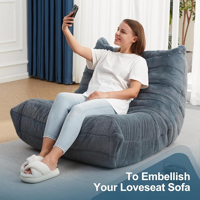 Hobestluk Adults Bean Bag Chair Faux Fur BeanBag Couch for Living Room | Bluegrey Plush,Ergonomic Design,Memory Foam,UltraSoft,Anti-slip Bottom,No Assembly Required,Decorative Style for Living Room