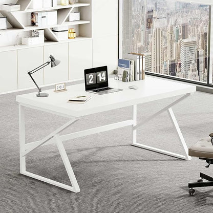 HSH White Computer Desk, Modern Wood Home Office Desk, PC Desk for Executive Work Writing Study Gaming Student Bedroom, Farmhouse Simple Wooden and Metal Computer Table Workstation, White Oak 55 Inch