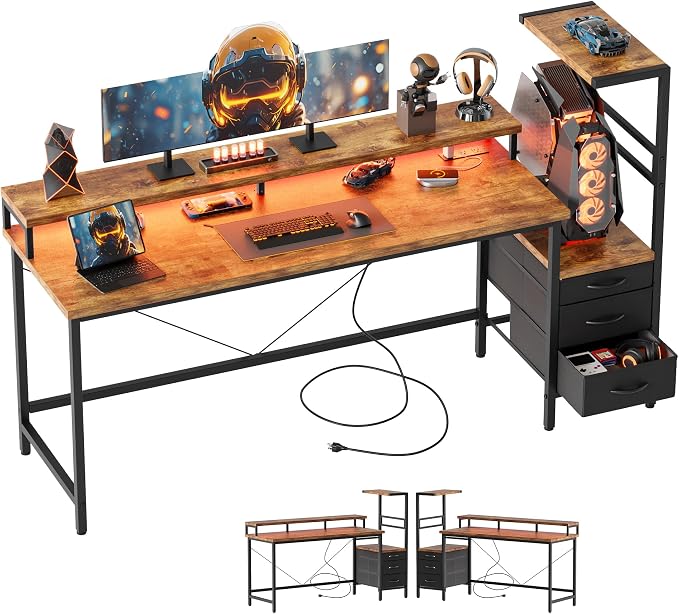 Mericonia 60 inch Gaming Desk with LED Lights & Power Outlets, Reversible Computer Desk with Storage Drawers & Monitor Stand, Large Gaming Table for Home Office