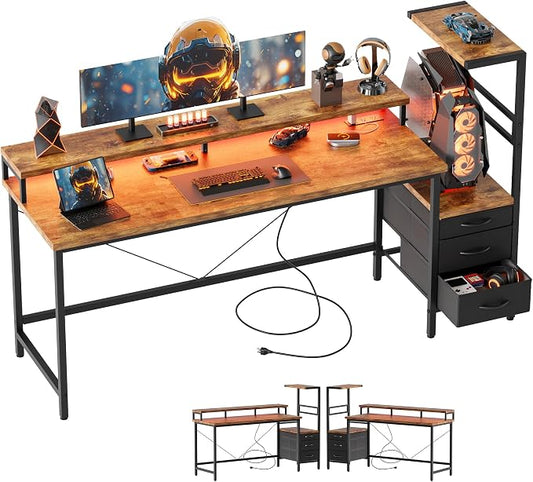 Mericonia 60 inch Gaming Desk with LED Lights & Power Outlets, Reversible Computer Desk with Storage Drawers & Monitor Stand, Large Gaming Table for Home Office