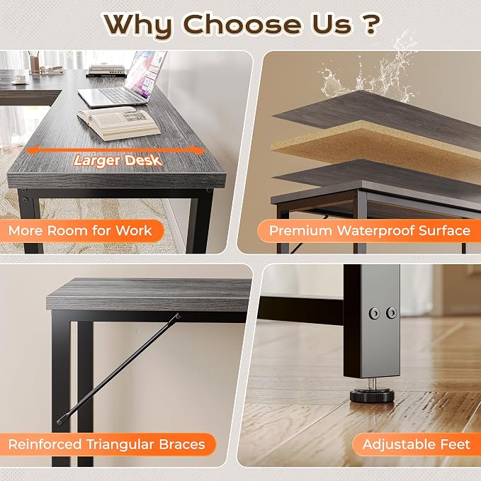 Huuger 63 Inch L Shaped Desk with Power Outlets and USB-C Port, Reversible Computer Desk, Larger Office Corner Gaming Desk, 0.95 Inch Thicker Desktop, Metal Frame, for Home Office, Study, Grey