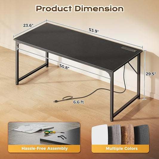 PRAISUN 54 X 24 Inch Computer Desk with Power Outlets & USB-C Port,Larger and Longer Office Desk with Deeper Desktop, Study, Bedroom, Writing Work from Home Table, Metal Frame, Black
