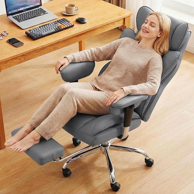 DUMOS Big and Tall Home Office Desk Chair, Ergonomic Executive Chair with Footrest, Computer Gaming Chairs with High Back Reclining, Adjustable Armrests and Comfy Lumbar Support, PU Leather, Grey