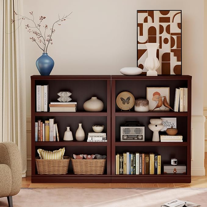 blini Wooden Bookshelf and Bookcase 3 Tier Double Wide Large Bookshelves Set of 2, Wood Bookshelf for Living Room, Home Office, Library (Mahogany, 3-Shelf)