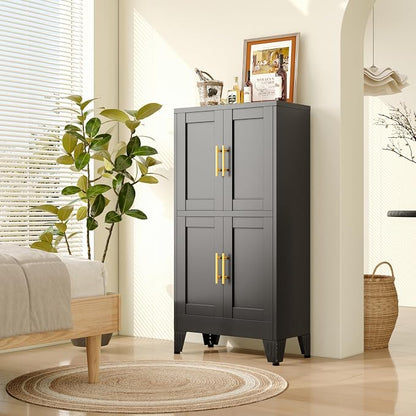 pozdeg Metal Storage Cabinet, 47.2" H Pantry Kitchen Storage Cabinets with 4 Doors and 2 Adjustable Shelves, Versatile Buffet Sideboards Cupboard for Home Office Garage or Gym (Black)