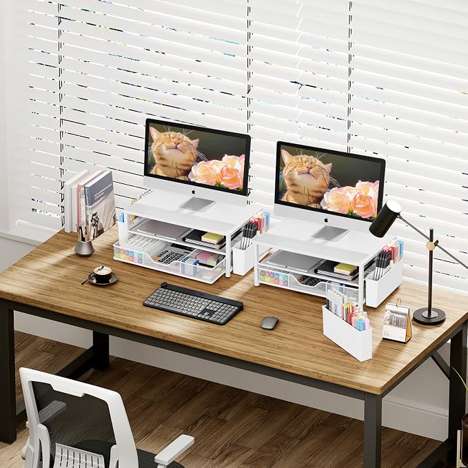 OPNICE Desk Organizers and Accessories, 2-Tier Computer Monitor Stand Riser with Drawer and 2 Pen Holders, Laptop Stand, Office Desk Accessories for Office Supplies, White Wood