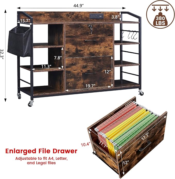 45" File Cabinet for Home Office, Mobile Office Storage Cabinet with Built-In Power Outlet, 2 Drawer Filing Cabinet with Lock, Shelves, Metal Hook, Storage Bag fits A4/Legal/Letter Size (Wood)