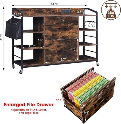 45" File Cabinet for Home Office, Mobile Office Storage Cabinet with Built-In Power Outlet, 2 Drawer Filing Cabinet with Lock, Shelves, Metal Hook, Storage Bag fits A4/Legal/Letter Size (Wood)