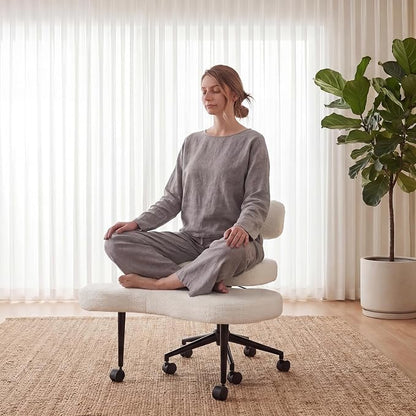 DUMOS Ergonomic ADHD Cross Legged Office Desk Chair with Adjustable Backrest, Height Adjustable Meditation Chair with 360° Swivel Footstool, Teddy Fleece Yoga Stool for Home Office, White