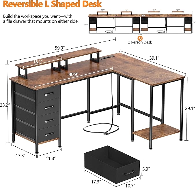 Korfile 59 inch L Shaped Computer Desk with Power Outlets, Home Office Desk with 4 Adjustable Storage Drawers & 2 Monitor Stands, Two Person Gaming Table for Bedroom, Rustic Brown