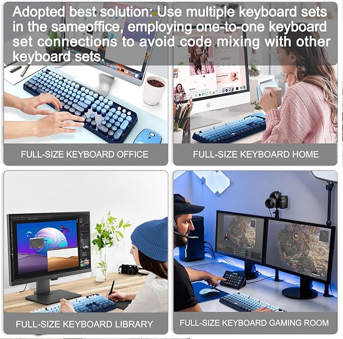 Blue Wireless Keyboard and Mouse Combo, Retro Typewriter Style Round Key Keyboard, 2.4GHz Full Size Aesthetic Bubble Keyboard with Number Pad for Long Nail PC Laptop Desktop Computer