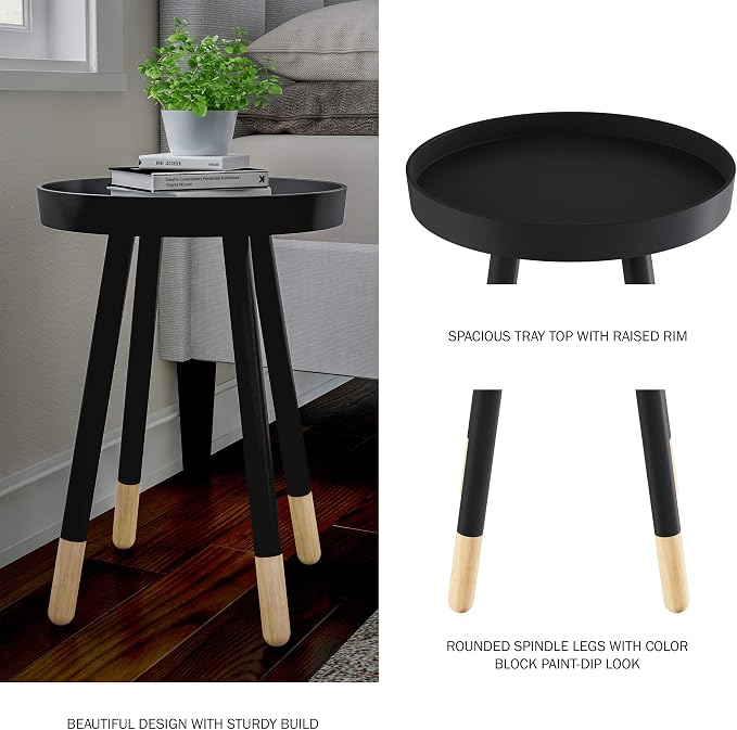 Lavish Home Round End Table – 2-Tone Wooden Mid-Century Modern Stand with Tray Top to Hold Drinks or Display Décor – Accent Table or Nightstand (Black)