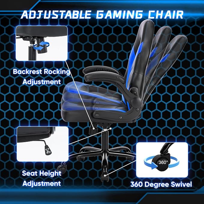 OLIXIS Computer Gaming Chair - PU Leather Ergonomic Lumbar Support with Flip-up Armrest and 360° Swivel Wheels, Height Adjustable Task Home Office Desk Video Racing, Black and Blue