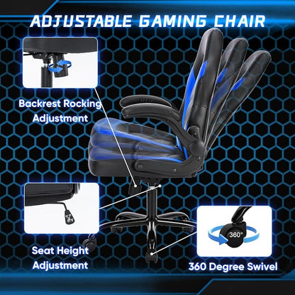 OLIXIS Computer Gaming Chair - PU Leather Ergonomic Lumbar Support with Flip-up Armrest and 360° Swivel Wheels, Height Adjustable Task Home Office Desk Video Racing, Black and Blue