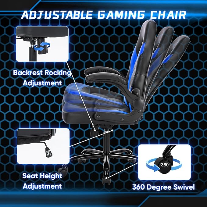 NEWBULIG Gaming Office Computer Chair – Ergonomic Mid-Back with Flip-Up Armrests, Adjustable Height, Lumbar Support & 360° Silent Swivel Wheels, PU Leather for Home/Office, Blue
