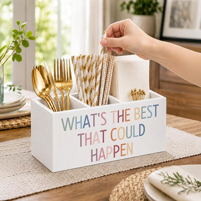 Motivational Boho Pen Holder for Desk, What's the Best That Could Happen Positive Affirmation Wooden Box Sign Desk Decor for Home Office Decoration, Inspirational Pencil Organizer