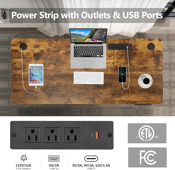 Electric Standing Desk with Power Outlets and USB-C Port, 55 x 24 Inches Adjustable Height Sit Stand Up Desk for Home Office, Adjustable Desk with Memory Preset and Wheels, Brown