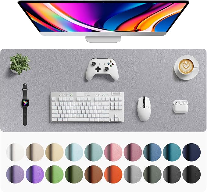 Aothia Faux Leather Desk Mat - Large Mouse Pad, Non-Slip PU Leather Blotter, Waterproof Writing Surface for Office and Home (Light Grey, 42" x 17")