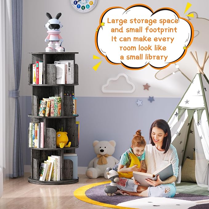 Besiost Rotating Bookshelf, Wood Corner Bookshelf, 360 Display Spinning Bookcase Storage Rack, 4 Tier Floor Standing Revolving Bookcase Narrow Book Shelf Organizer for Small Space, Bedroom, Grey Oak