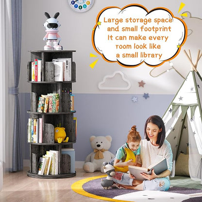 Besiost Rotating Bookshelf, Wood Corner Bookshelf, 360 Display Spinning Bookcase Storage Rack, 4 Tier Floor Standing Revolving Bookcase Narrow Book Shelf Organizer for Small Space, Bedroom, Grey Oak