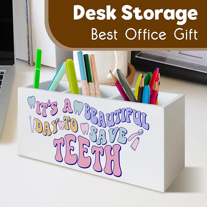 Dentist Pen Holder for Dental Office Decor, Dentist Gifts for Women It's a Beautiful Day to Save Teeth Wooden Pen Pencil Holder Organizer for Dental Office Desk Accessories