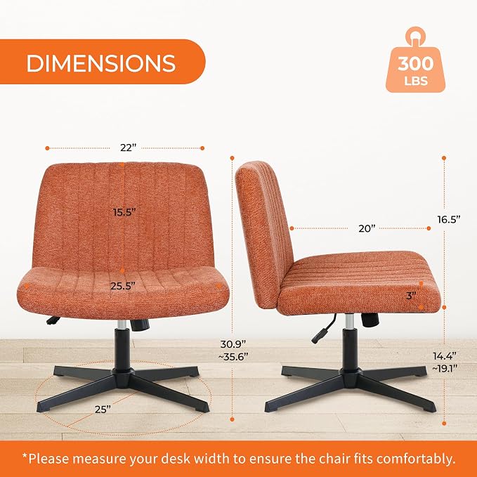NEO CHAIR Criss Cross Chair No Wheel Vanity Desk Chair Wide Armless Cross Legged Office Comfy Makeup Adjustable Computer Task for Home Office Fabric (Brown)