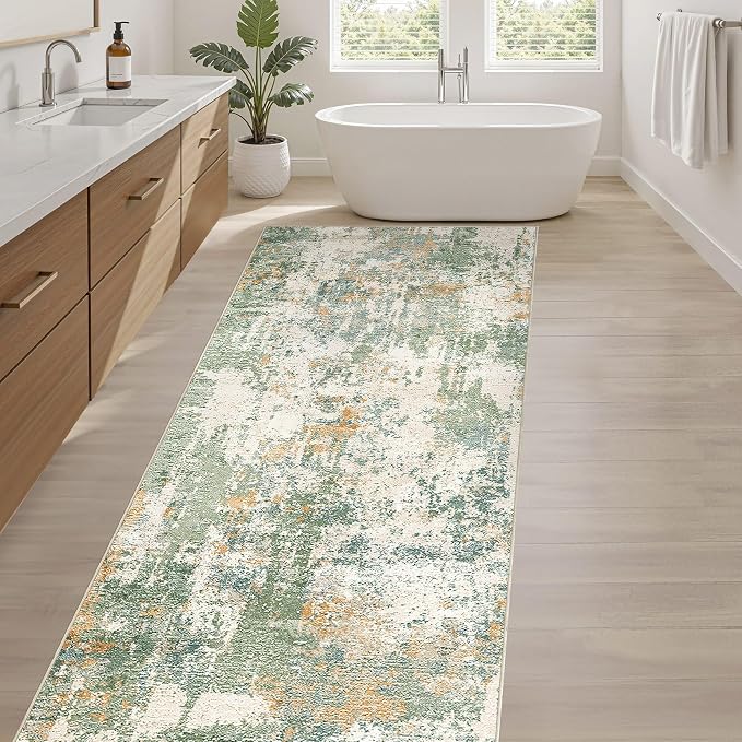 Runner Rug Kitchen Washable Rugs: 2x6 Non-Slip Abstract Soft Modern Stain Resistant Indoor Floor Neutral Accent Throw Carpet for Hallway Bathroom Laundry Room Entryway Bedroom- Green