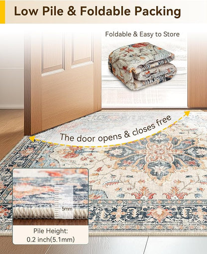RELEANY Area Rugs Small 2'x4' Washable Non-Slip, Floral Vintage Distress Medallion Carpet for Kitchen Entryway Bathroom, Beige Navy Blue Orange Colorful