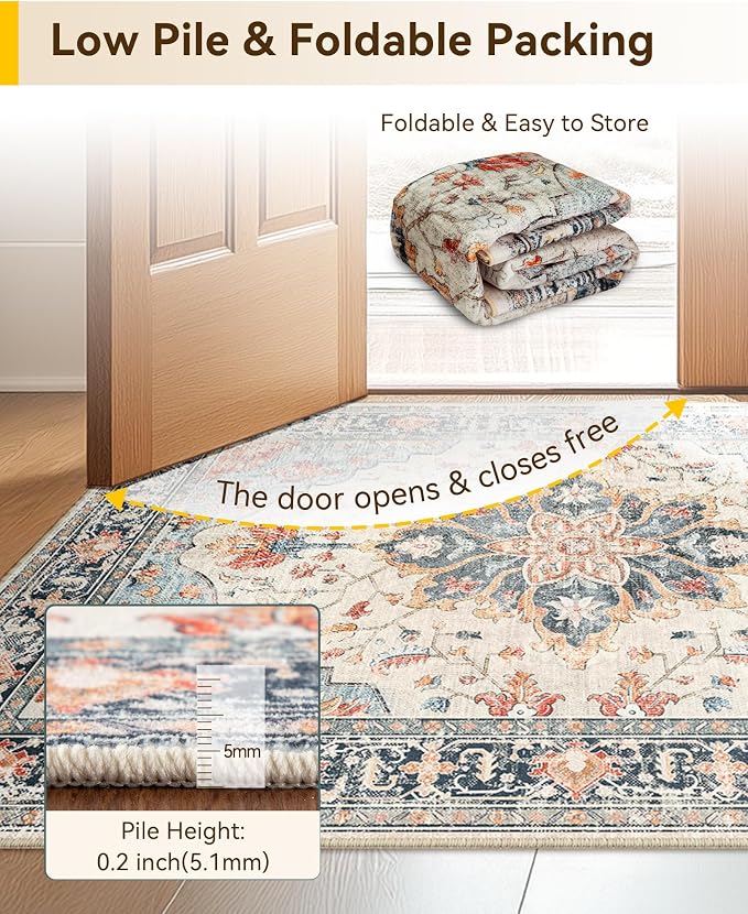 RELEANY Area Rugs Runner 3'x7' Washable Non-Slip, Floral Vintage Distress Medallion Carpet for Kitchen Hallway Bedroom Beside Laundry Room Bathroom, Beige Navy Blue Orange Colorful