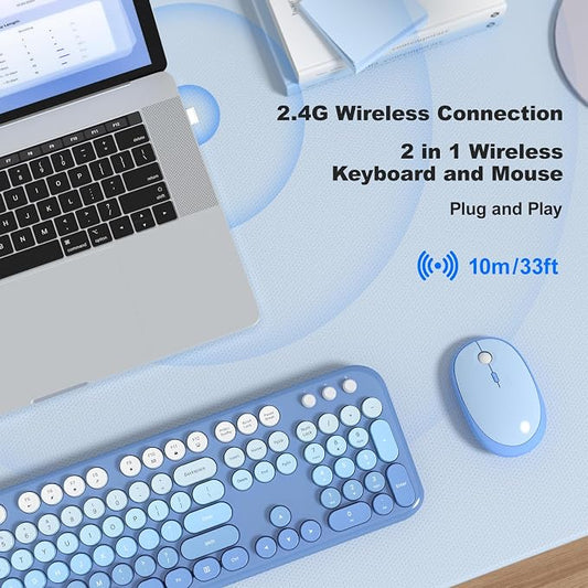 Dilter Wireless Keyboard Mouse Combo, Typewriter Full Size Keyboard with Number Pad and 2 in 1 USB Connected Mouse for Windows 7/8/10, Laptop, Desktop, PC, Computer (Blue Colorful)