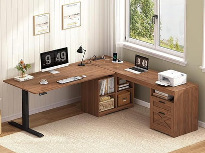 YOMILUVE Farmhouse L Shaped Standing Desk, 66 inch Corner Electric Standing Desk with Drawers ＆ Storage Shelves, Height Adjustable Computer Desk with Power Outlets for Home Office (Brown)