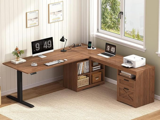YOMILUVE Farmhouse L Shaped Standing Desk, 66 inch Corner Electric Standing Desk with Drawers ＆ Storage Shelves, Height Adjustable Computer Desk with Power Outlets for Home Office (Brown)
