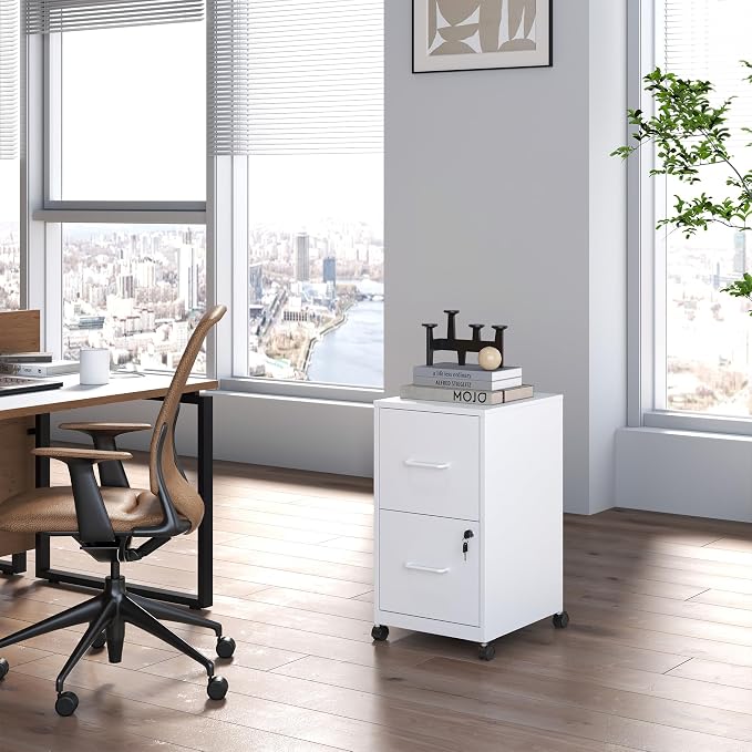 2-Drawer Mobile File Cabinet with Lock & Wheels,Under Desk File Cabinets for Home Office,Steel Rolling Cabinet for Legal/Letter Files(White)