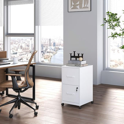 2-Drawer Mobile File Cabinet with Lock & Wheels,Under Desk File Cabinets for Home Office,Steel Rolling Cabinet for Legal/Letter Files(White)