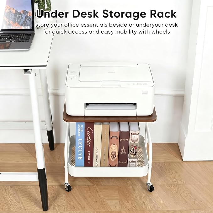 Under Desk Printer Stand with Storage 2 Tier Rolling Printer Cart with Wheels, Mobile Short Under Shelf Storage Small RollingTable Cart for Home and Office, White