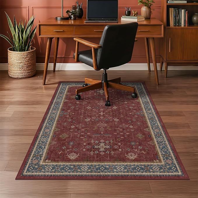 36"x48" Boho Burgundy Office Chair Mat for Hard Wood & Tile Floor, Low Pile Carpet Floor Protector for Rolling Chair, Machine Washable Under Desk Rug, Non Slip Rubber Backing