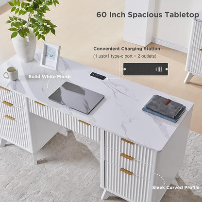 T4TREAM Fluted Executive Desk with Drawers, 60" Modern Home Office Computer Desk with Charging Station, File Cabinet, Keyboard Tray and Storage Cabinet for Study, Living Room, Bedroom, Solid White