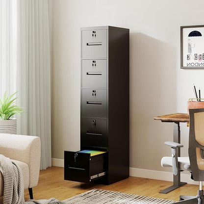 5 Drawer File Cabinet with 5 Locks, Metal Filing Cabinet Heavy Duty Vertical File Cabinets for Home Office, Steel File Storage Cabinets for Letter/Legal File Folders, Assembly Required (Black)