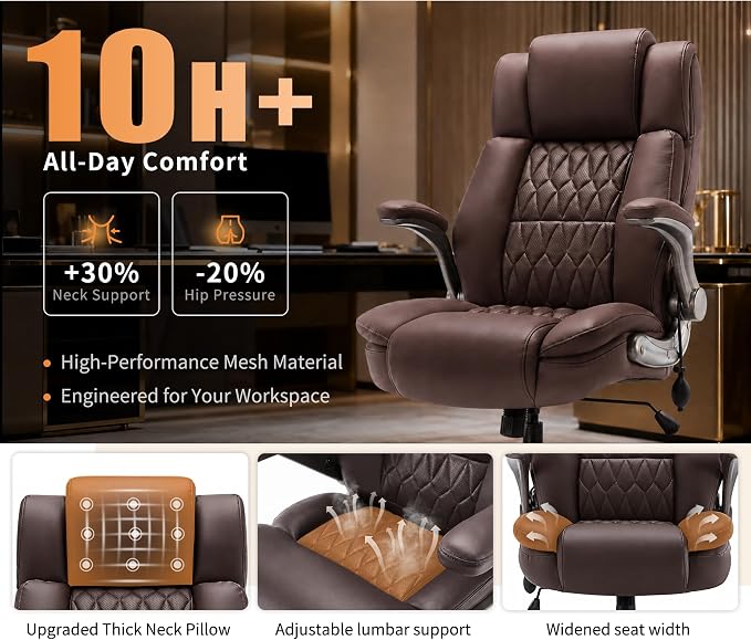 Large High Back Office Chair - Adjustable Lumbar Support Flip Up Arms Heavy Duty Quiet Wheels Metal Base Breathable Bonded Leather Ergonomic Executive Computer Desk Chair with Storage Bags, Brown