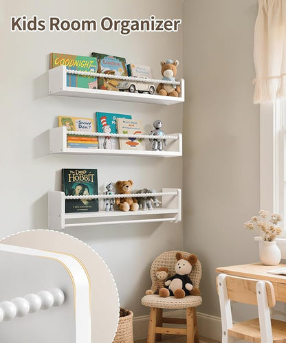 Maxpeuvon 23 Inch Kids Bookshelves Set of 3, Natural Wooden Floating Shelves Wall Mount Storage Organizer Shelf with Towel Bar Hanging Bookshelf for Kid Room Bedroom Living Room Decor, White
