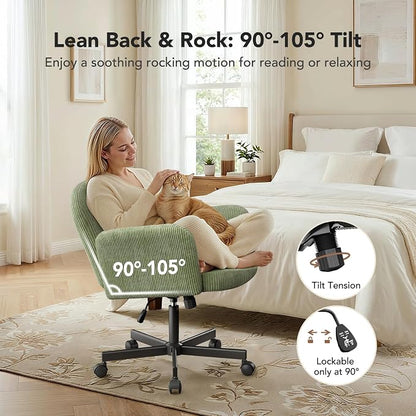 HUANUO Criss Cross Office Chair for Women, Cross Legged Desk Chair with Adjustable Armrests, Soft Corduroy Fabric for Small Spaces, Petite Home Office Computer Chair for Girls, Light Green