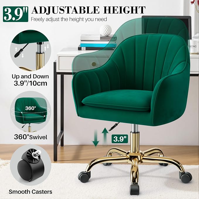 Vanity Chair with Wheels, Comfy Home Office Desk Chairs Adjustable Modern Velvet Makeup Vanity Chairs for Bedroom Living Room-Green