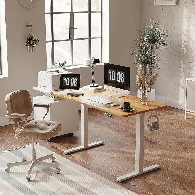 FAMISKY Height Adjustable Standing Desk, 40 x 24 Inch Electric Stand up Home Office Table, Sit Stand Desk Computer Workstation with Splice Board, White Frame & Light Rustic Brown Desktop