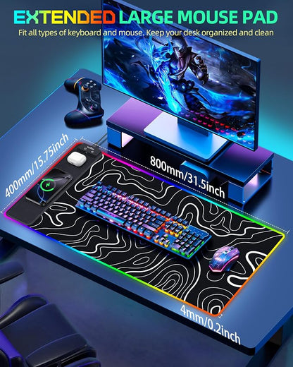 Wireless Charging Mouse Pad, RGB Gaming Mousepad, 31.5"x15.7" Extra Large Desk Pad, 13 Light Modes, Non-Slip Base, Waterproof Computer Keyboard Mat for MacBook, PC, Laptop, Black Topographic Line